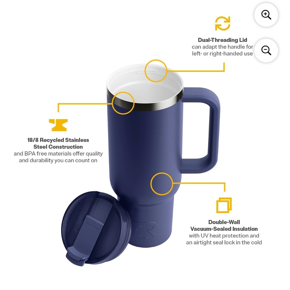 RTIC 40 oz Ceramic Lined Road Trip Tumbler, Leak-Resistant Lid with Straw, Navy - Picture 4 of 5